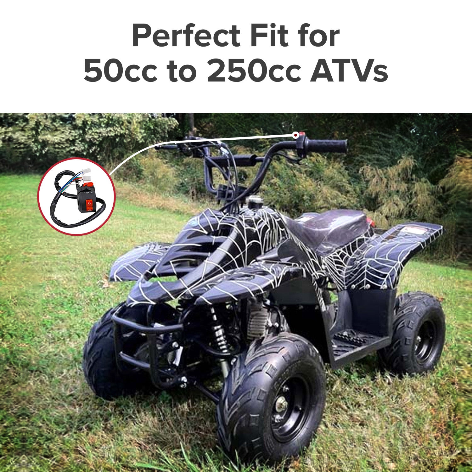 3-Function Starter Switch for 110cc ATVs shown installed on a black ATV with a spider web design, highlighting its compatibility with various off-road vehicles in the 50cc to 250cc class.