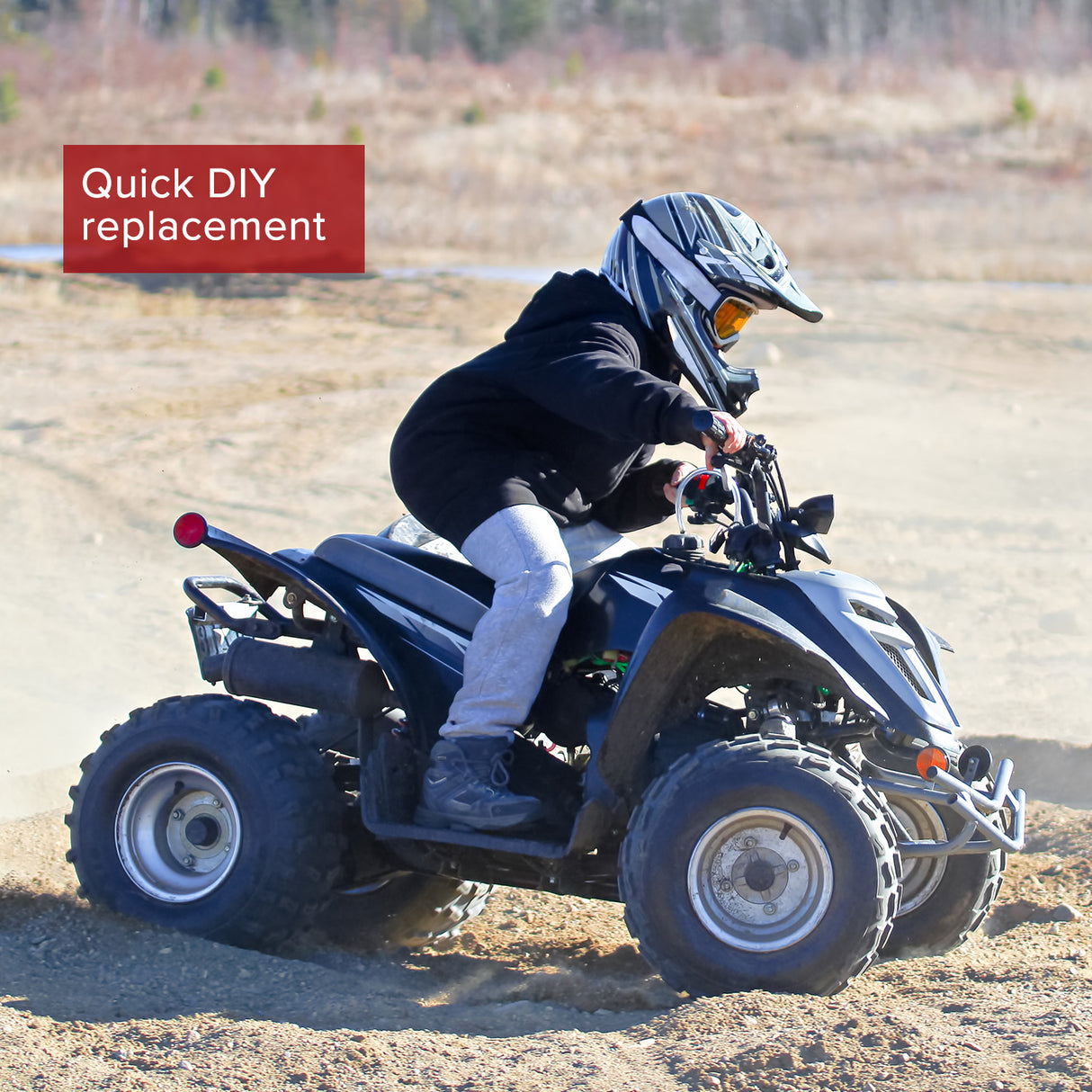 3-Function Starter Switch for 110cc ATVs shown installed on an off-road vehicle, highlighting its placement near the handlebar and control area. The image emphasizes durability for various ATVs and off-road machines.