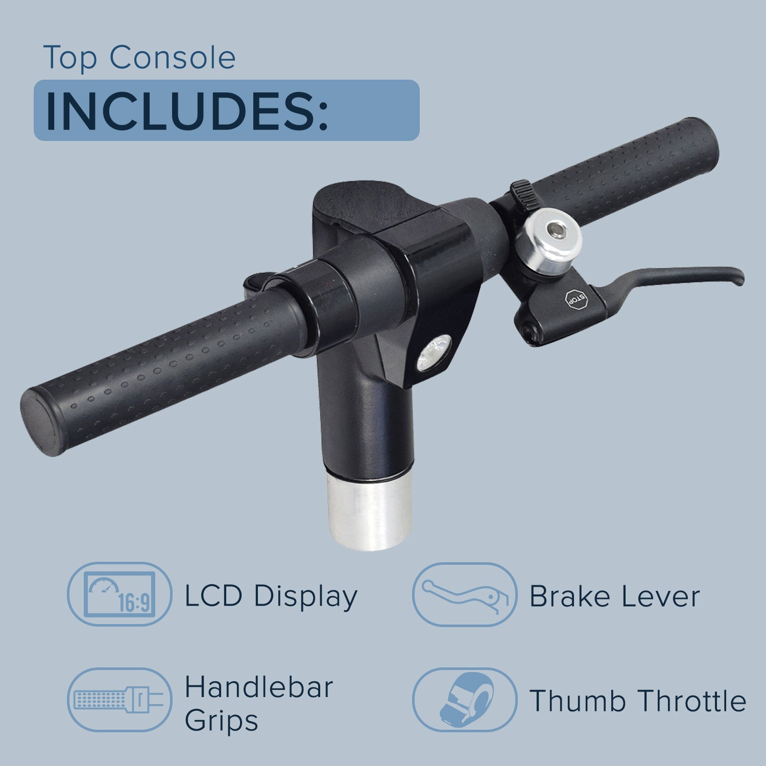 Top Console & Handlebar Assembly for the GOTRAX GXL V2 Electric Scooter (Blemished), featuring an LCD display, headlight, brake lever with bell, thumb throttle, and power button. Minor scrapes on brake lever and left hand grip.