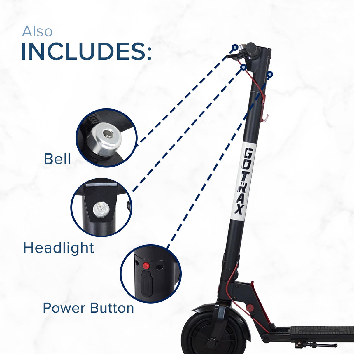 Top Console & Handlebar Assembly for the GOTRAX GXL V2 Electric Scooter (Blemished), showing the LCD display, headlight, brake lever with bell, thumb throttle, and power button, with minor scrapes on brake lever and left hand grip.