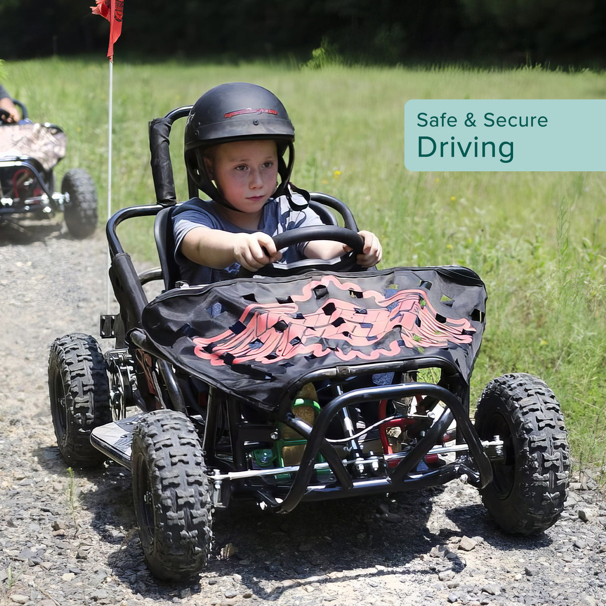 Child wearing a helmet drives a go-kart, highlighting the Roll Bar Tube End Connector for the Monster Moto/Mega Moto K80 Go-Kart, fitting onto the end of the 1 metal tubing for roll bar fastening.