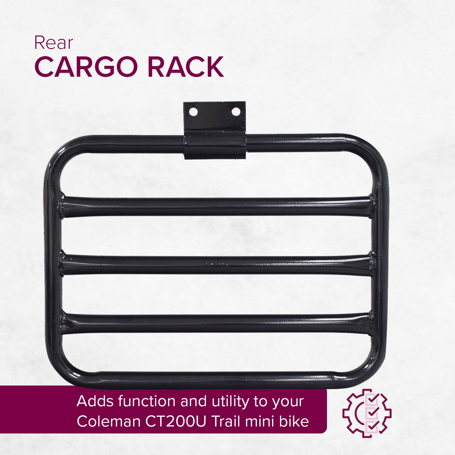 Cargo Rack for the Coleman CT200U Trail Mini Bike, a sturdy black metal rack, designed for either front or rear mounting, enhancing the bike's utility and function.