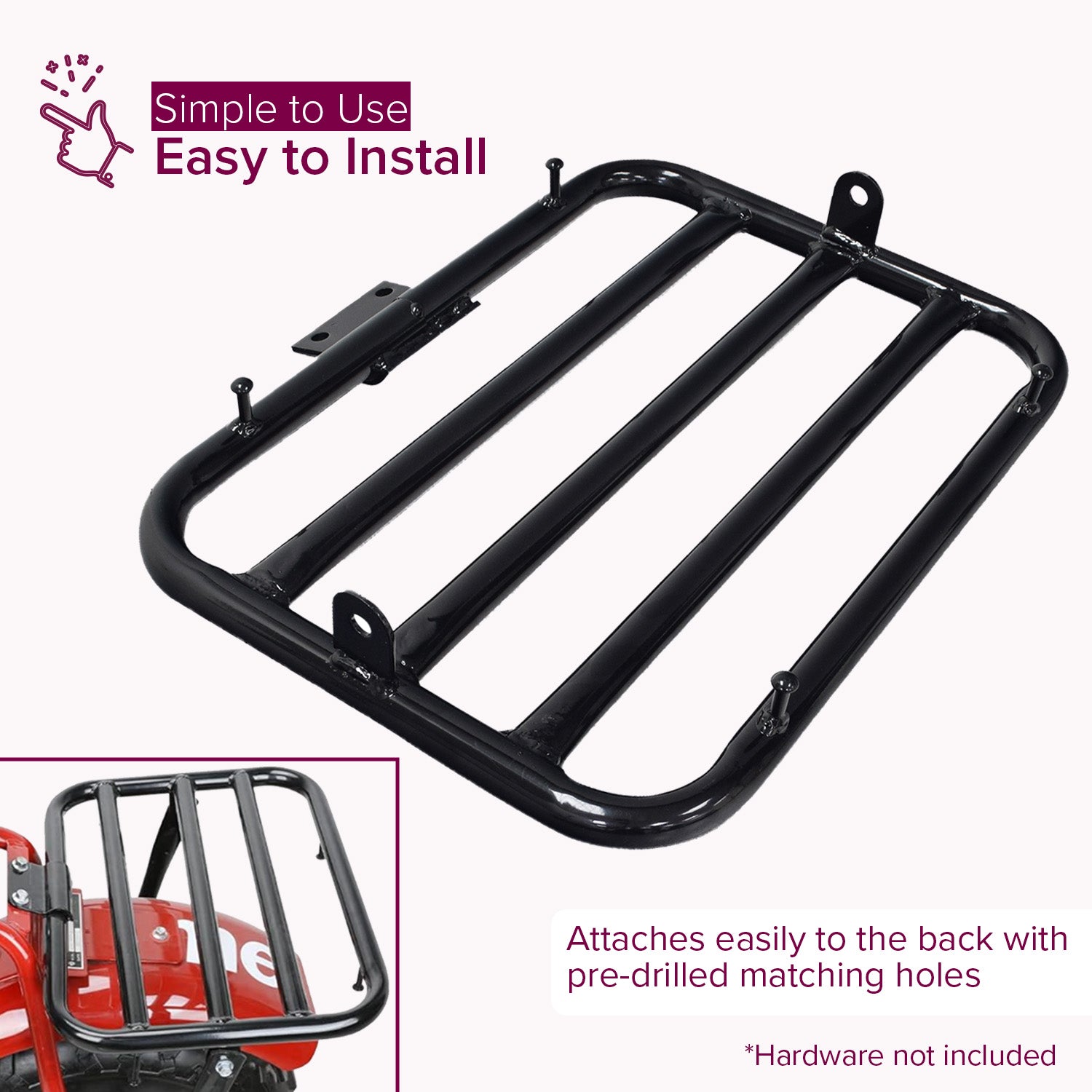 Cargo Rack for the Coleman CT200U Trail Mini Bike; black metal frame with visible screws, designed for front or rear mounting.