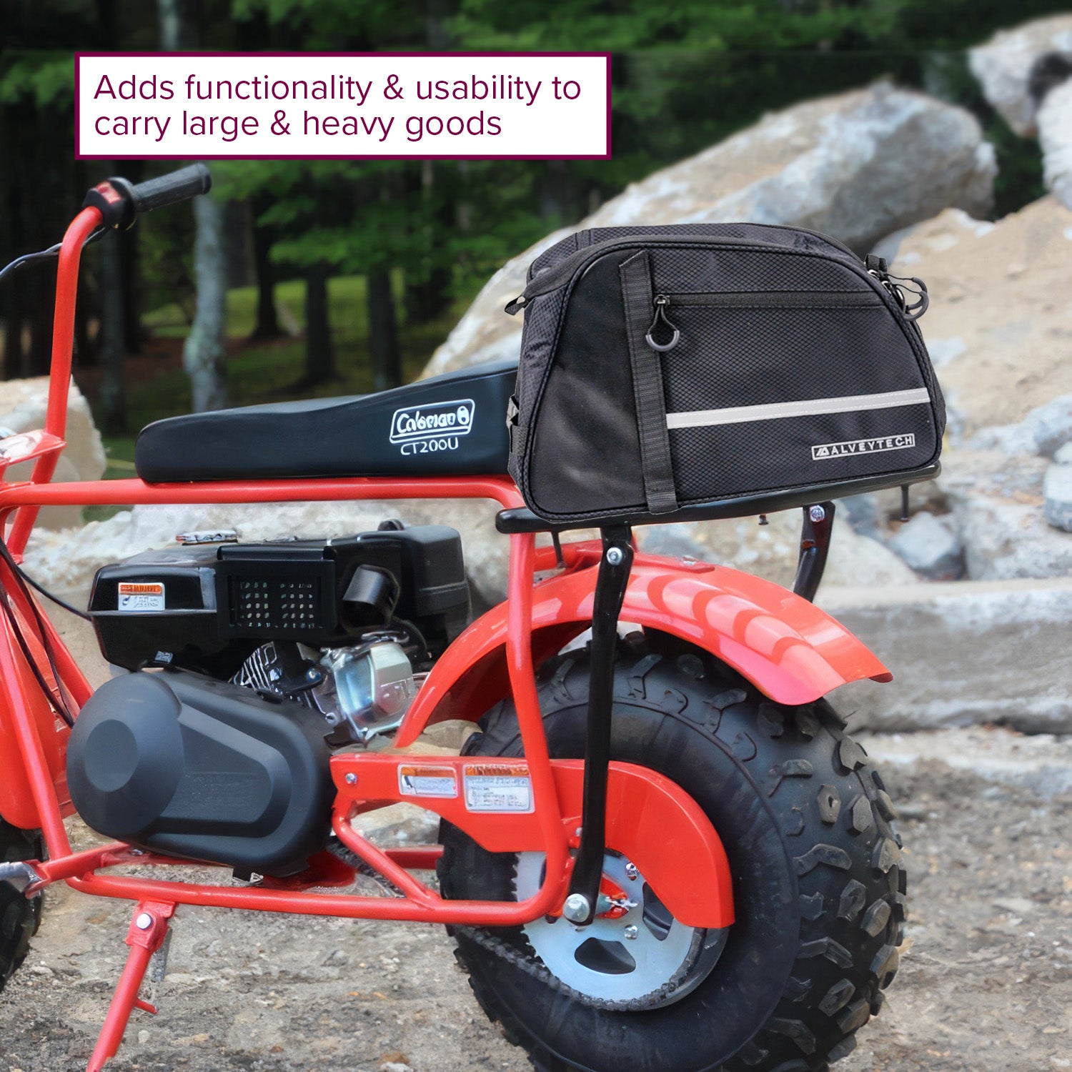 Cargo Rack for the Coleman CT200U Trail Mini Bike, showcasing a sturdy black steel rack mounted on a red motorcycle's rear with an attached black bag for additional storage.