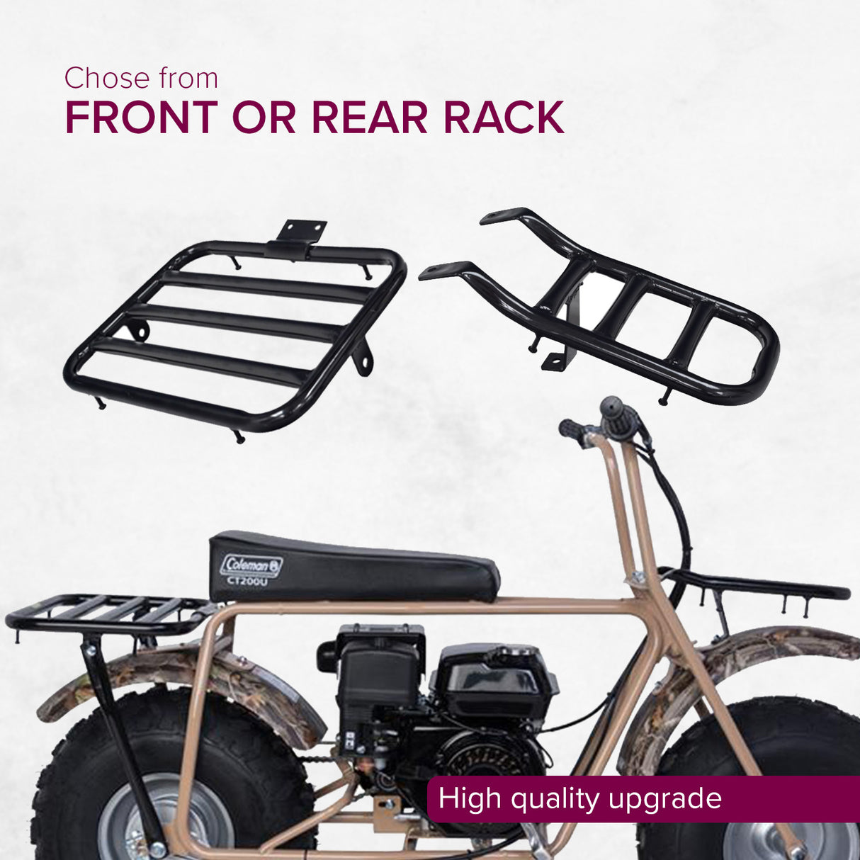 Cargo Rack for the Coleman CT200U Trail Mini Bike, featuring a sturdy metal frame and a durable steel construction, ideal for front or rear mounting, enhancing the bike's utility and functionality.