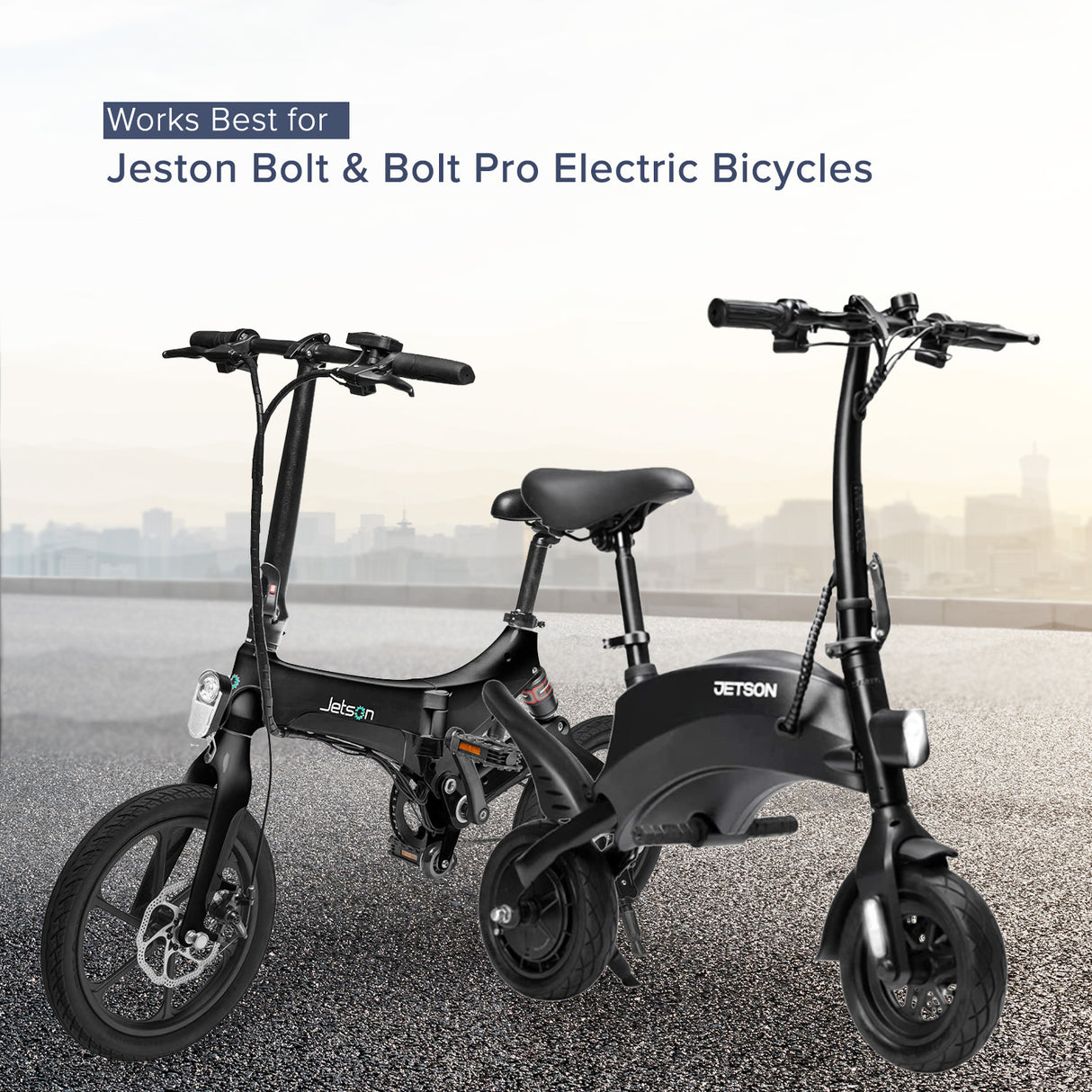 42 Volt Charger for Jetson® Bolt & Bolt Pro Electric Bicycles shown close-up with visible coaxial connector, designed for Lithium-ion batteries. Background includes two black bicycles on a road and cityscape.