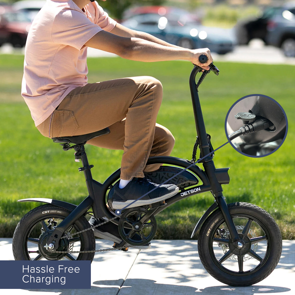 42 Volt Charger for Jetson® Bolt & Bolt Pro Electric Bicycles, featuring a coaxial connector, shown with a person riding a bike outdoors, highlighting its essential use for Lithium-ion batteries.