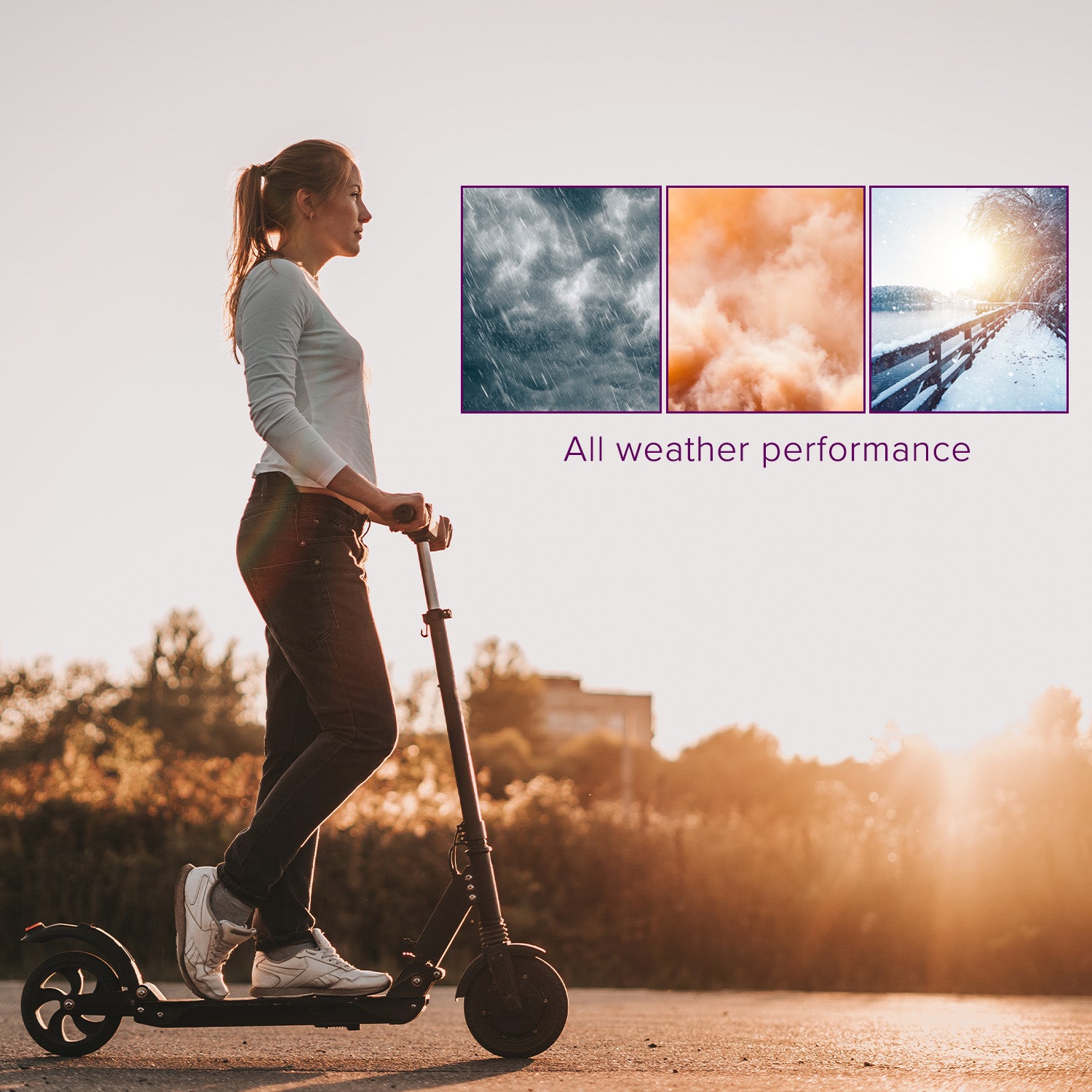 Woman riding a scooter featuring Sunlite's 53 mm Cantilever & U-Brake Pads, showcasing practical accessories ideal for various scooters and bikes.