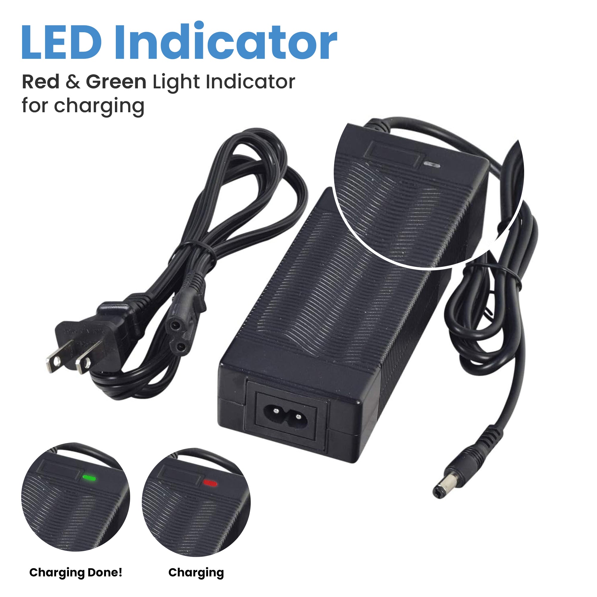 42 Volt Charger for Hover-1 Alpha, Journey, & Rally Folding Electric Scooters featuring a black power supply unit with attached wires and coaxial connector, designed for efficient Lithium-ion battery charging.