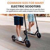 Two people riding scooters highlight the 12-1/2x2-1/4 Scooter Inner Tube with 45 Degree Angled Valve Stem, designed for uniquely shaped rims or frames.