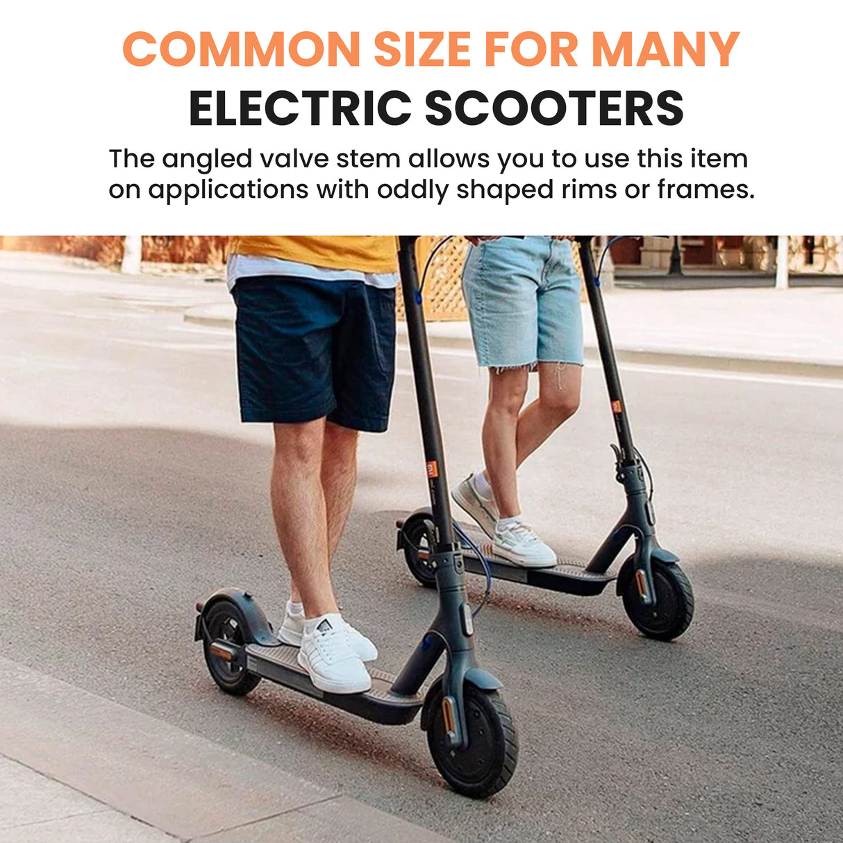 Two people riding scooters, highlighting the 12-1/2x2-1/4 Gray Wall Scooter Tire, which offers a stylish and functional upgrade for standard scooters, available with optional inner tubes.