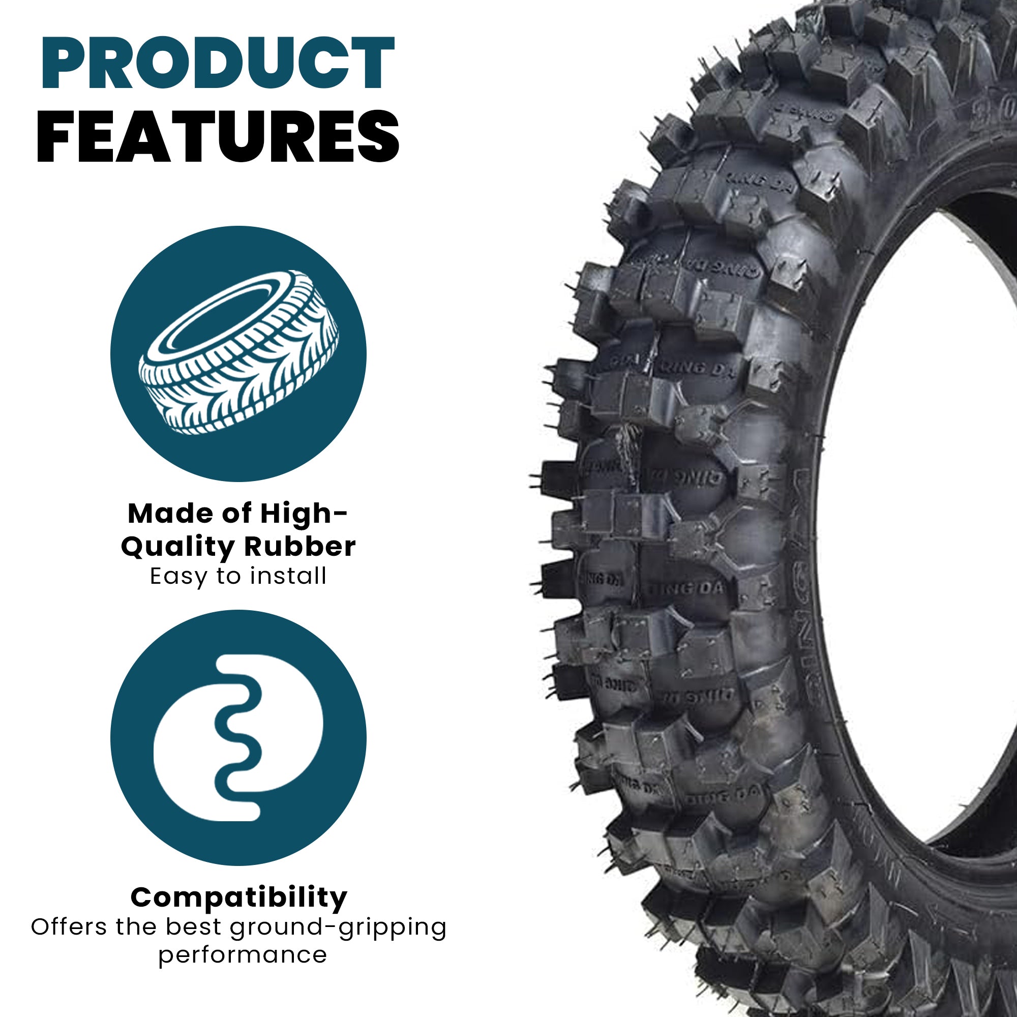 3.00-10 Dirt Bike Tire with QD015 Knobby Tread, close-up showing the black tire with studs, ideal for mini dirt bikes of 49cc/50cc and 70cc engine sizes.