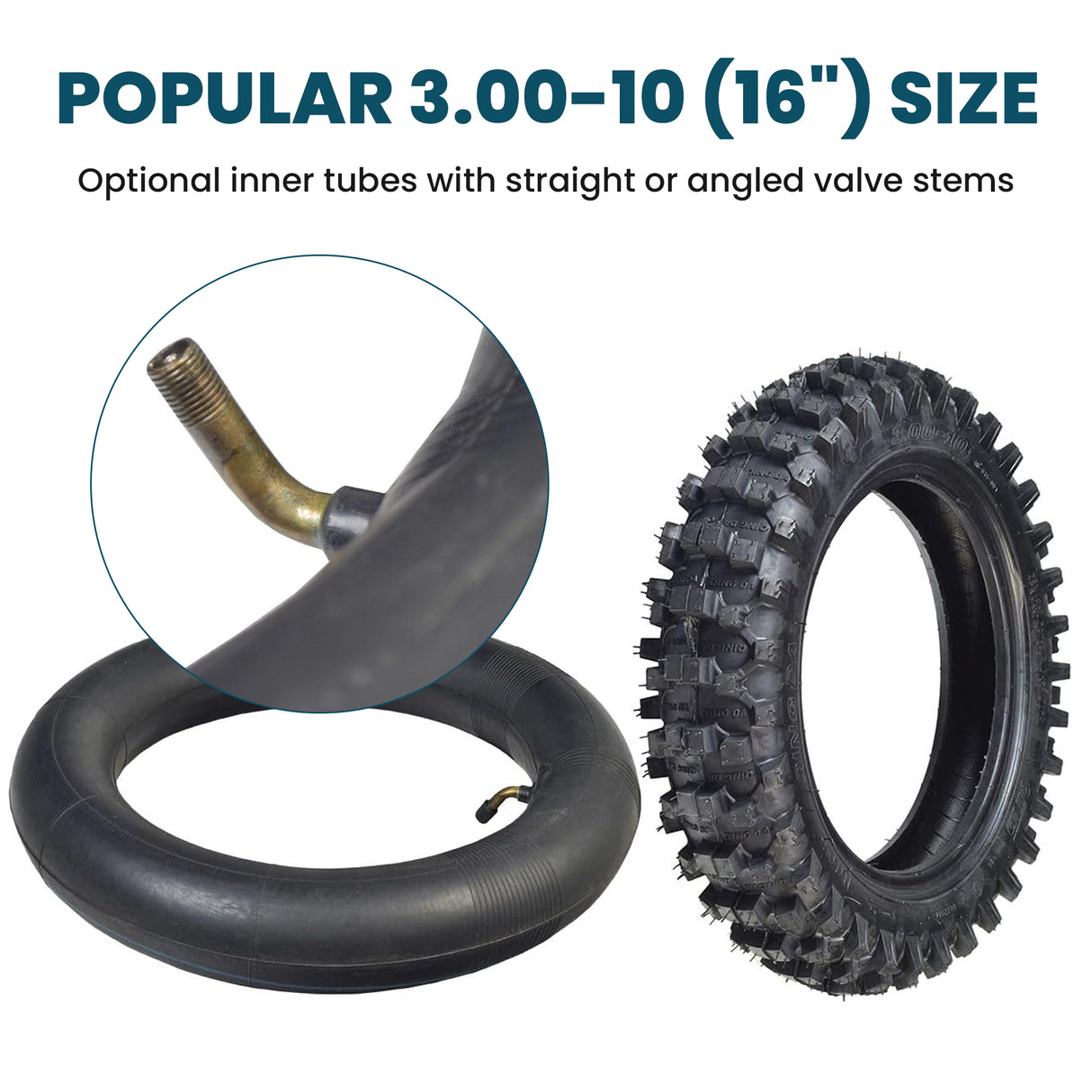 3.00-10 Dirt Bike Tire with QD015 Knobby Tread, showing close-up of spiked tread, paired with an optional heavy-duty thorn-resistant inner tube with a metal valve stem.