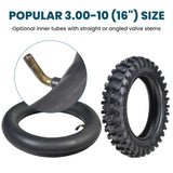 3.00-10 Dirt Bike Tire with QD015 Knobby Tread, showing close-up of spiked tread, paired with an optional heavy-duty thorn-resistant inner tube with a metal valve stem.