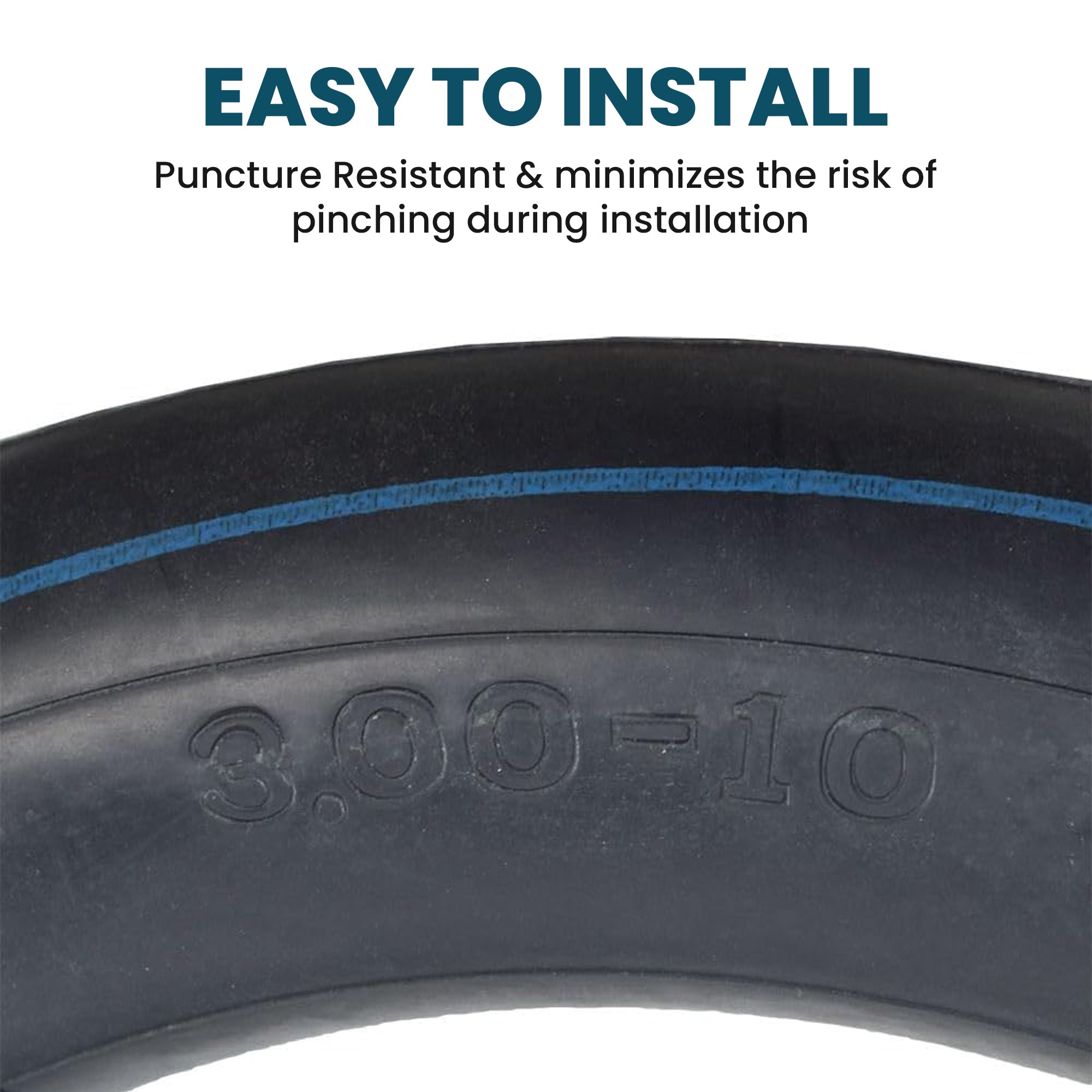 3.00-10 Dirt Bike Tire with QD015 Knobby Tread, featuring a distinctive blue line, suitable for 49cc/50cc & 70cc mini dirt bikes, offering an alternative to 2.50-10 tire sizes.