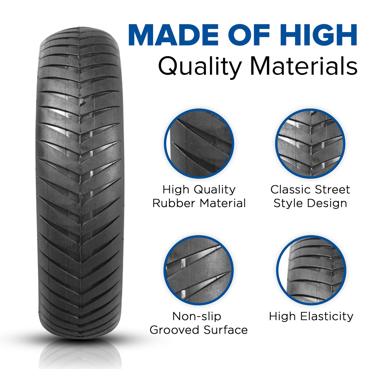 12-1/2 x 3.0 Street V-Groove Tire for Schwinn S750, showcasing detailed tread pattern, close-up view highlighting rubber texture and sipes for enhanced grip on paved surfaces.