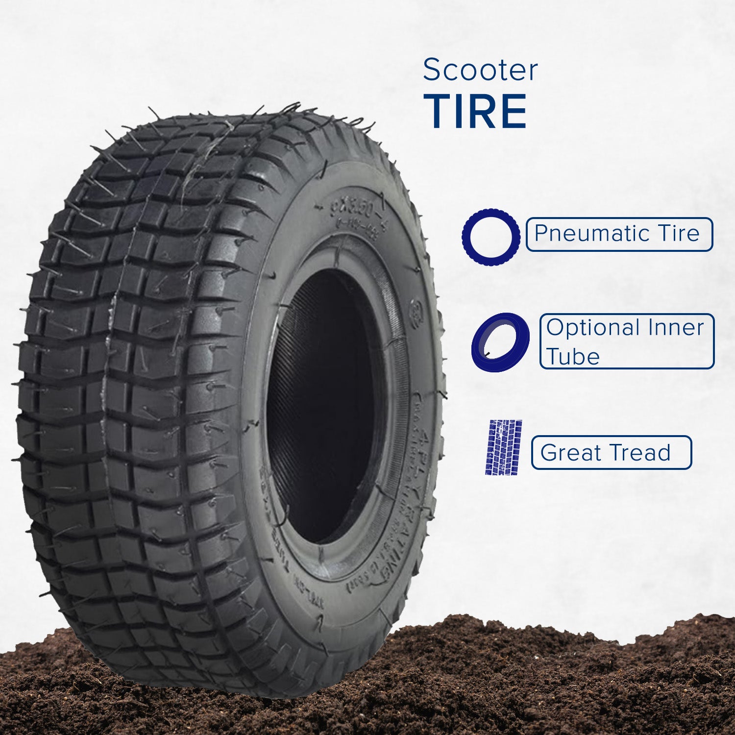 9x3-1/2 (9x3.50-4) Scooter Tire displayed on the ground, showcasing its black tread pattern, suitable for rims 3-1/2 to 4 wide.