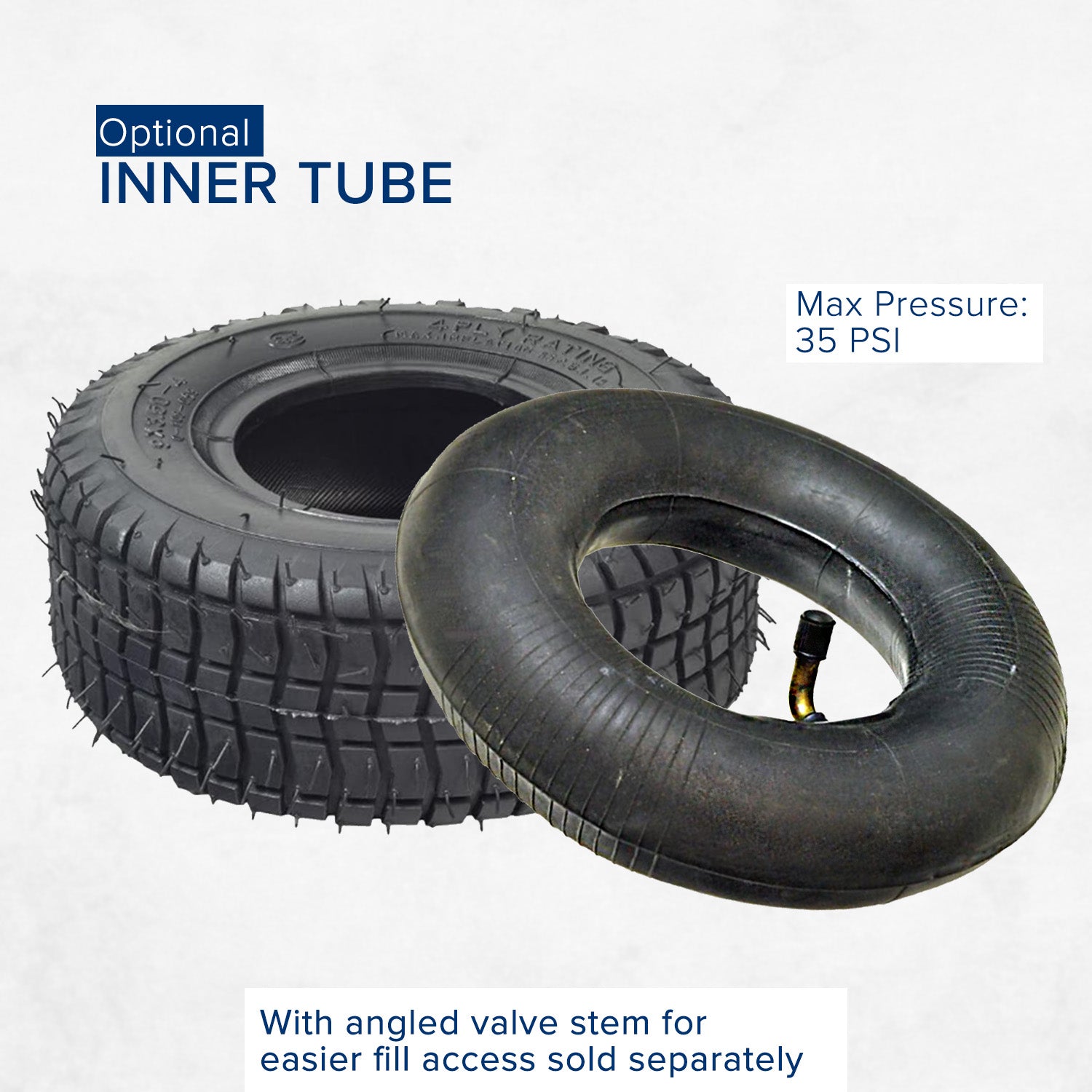 9x3-1/2 (9x3.50-4) Scooter Tire shown with an inner tube, highlighting the tread and rubber texture, suitable for rims 3-1/2 to 4 in width.