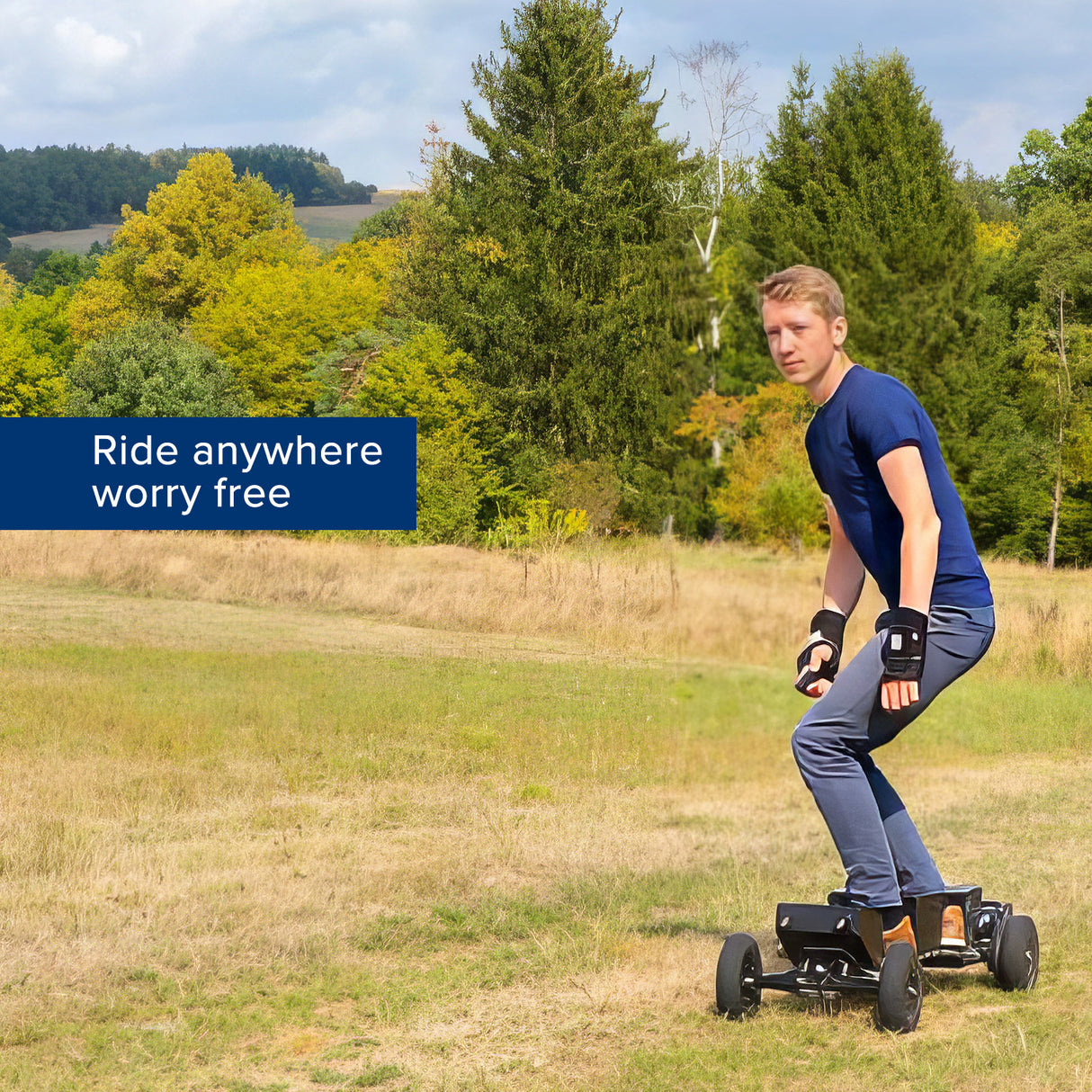 9x3-1/2 (9x3.50-4) Scooter Tire on a scooter in a field, showing the tire's fit on a small vehicle with a man riding, emphasizing its suitability for various scooter applications.