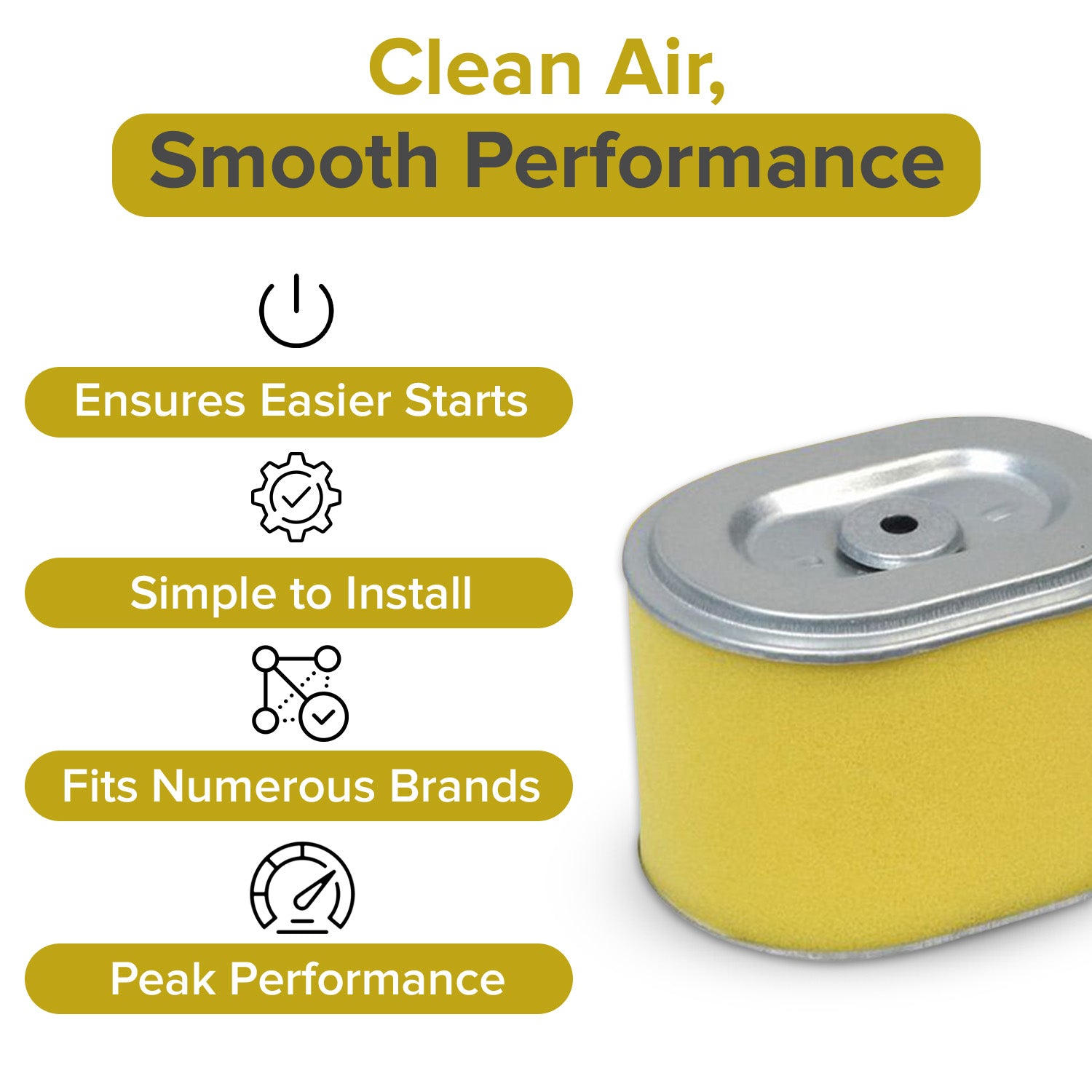 AlveyTech Air Filter Element for Predator 212cc 6.5 HP Engines & Baja Mini Bike MB165 & MB200 (Set of 2), shown as yellow canisters, designed to improve engine performance by preventing dust intake.