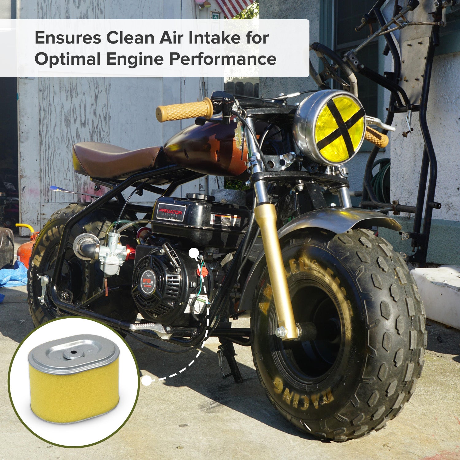 Carburetor with 24 mm Air Intake for Coleman BT200X, CT200U Trail, and CT200U-EX Mini Bikes, featuring a manual choke, fuel shut off valve, and optional high-performance air filter for enhanced engine performance.