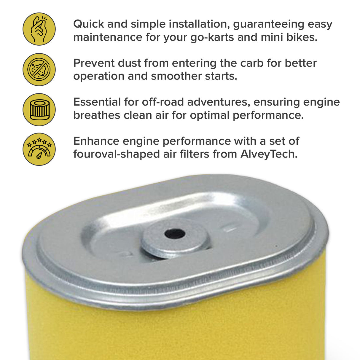 AlveyTech Air Filter Element for Predator 212cc 6.5 HP Engines & Baja Mini Bike MB165 & MB200 (Set of 2), showing a yellow and silver canister with text, displayed on a white surface.