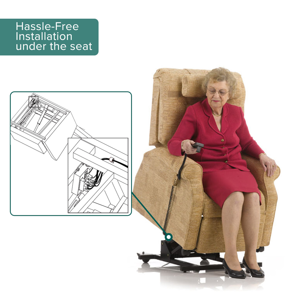 Woman sitting in a recliner chair holding a remote control, showcasing the Hand Control Assembly & Control Box with Heat & Massage for Pride & Mega Motion Lift Chairs.