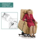 Woman sitting in a recliner chair holding a remote control, showcasing the Hand Control Assembly & Control Box with Heat & Massage for Pride & Mega Motion Lift Chairs.