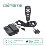 Hand Control Assembly & Control Box with Heat & Massage for Pride & Mega Motion Lift Chairs, featuring a remote control and a black control box with attached wires.