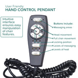 Hand Control Assembly & Control Box with Heat & Massage for Pride & Mega Motion Lift Chairs, featuring a remote control with buttons and a black cable, designed for specific serial numbers.