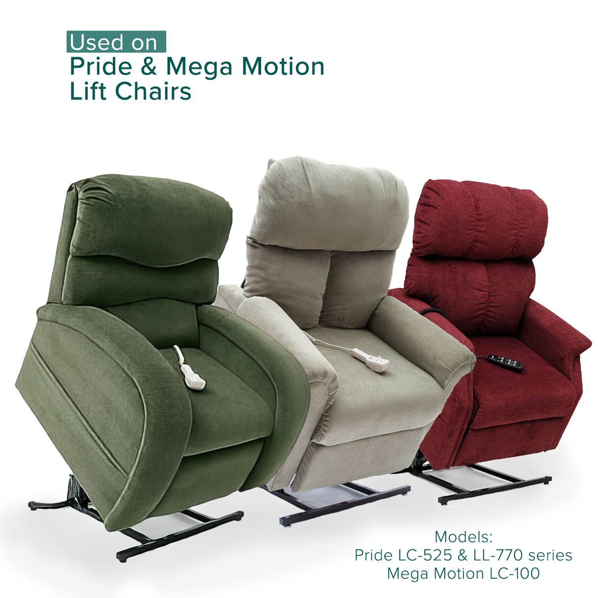 Hand Control Assembly & Control Box with Heat & Massage for Pride & Mega Motion Lift Chairs, shown with remote controls on recliner chairs, highlighting the product's integration and functionality in the seating.