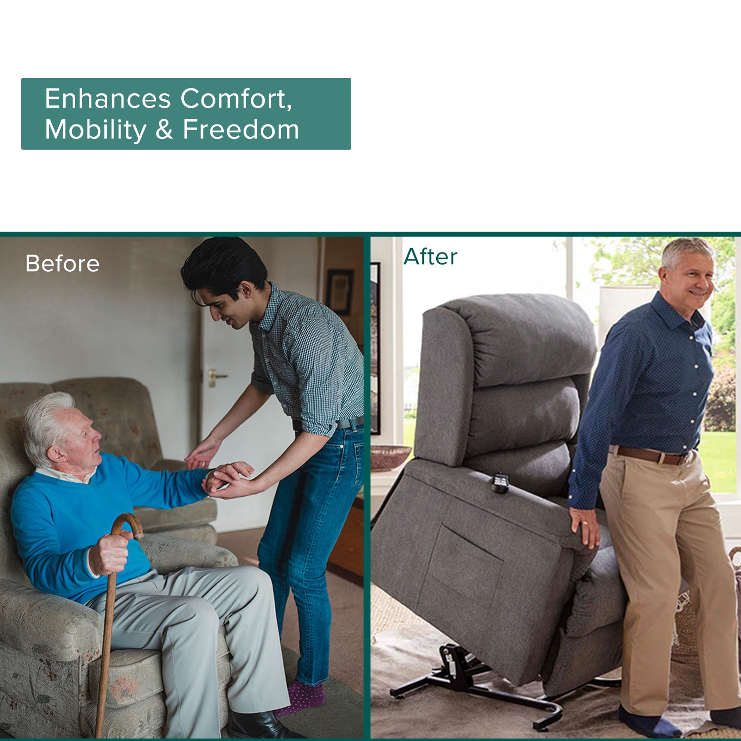 Hand Control Assembly & Control Box with Heat & Massage for Pride & Mega Motion Lift Chairs, shown in use by a man sitting in a chair and holding the control.