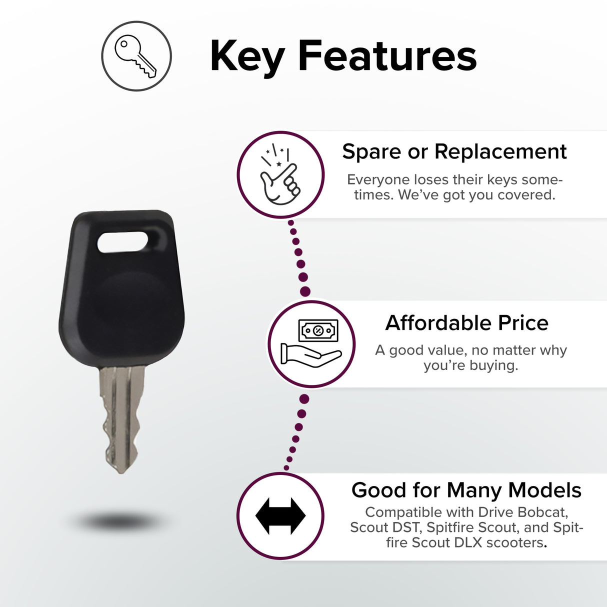 Key for the Drive Bobcat, Scout DST, Spitfire Scout, and Spitfire Scout DLX Scooters featuring a black plastic cover held by a hand.