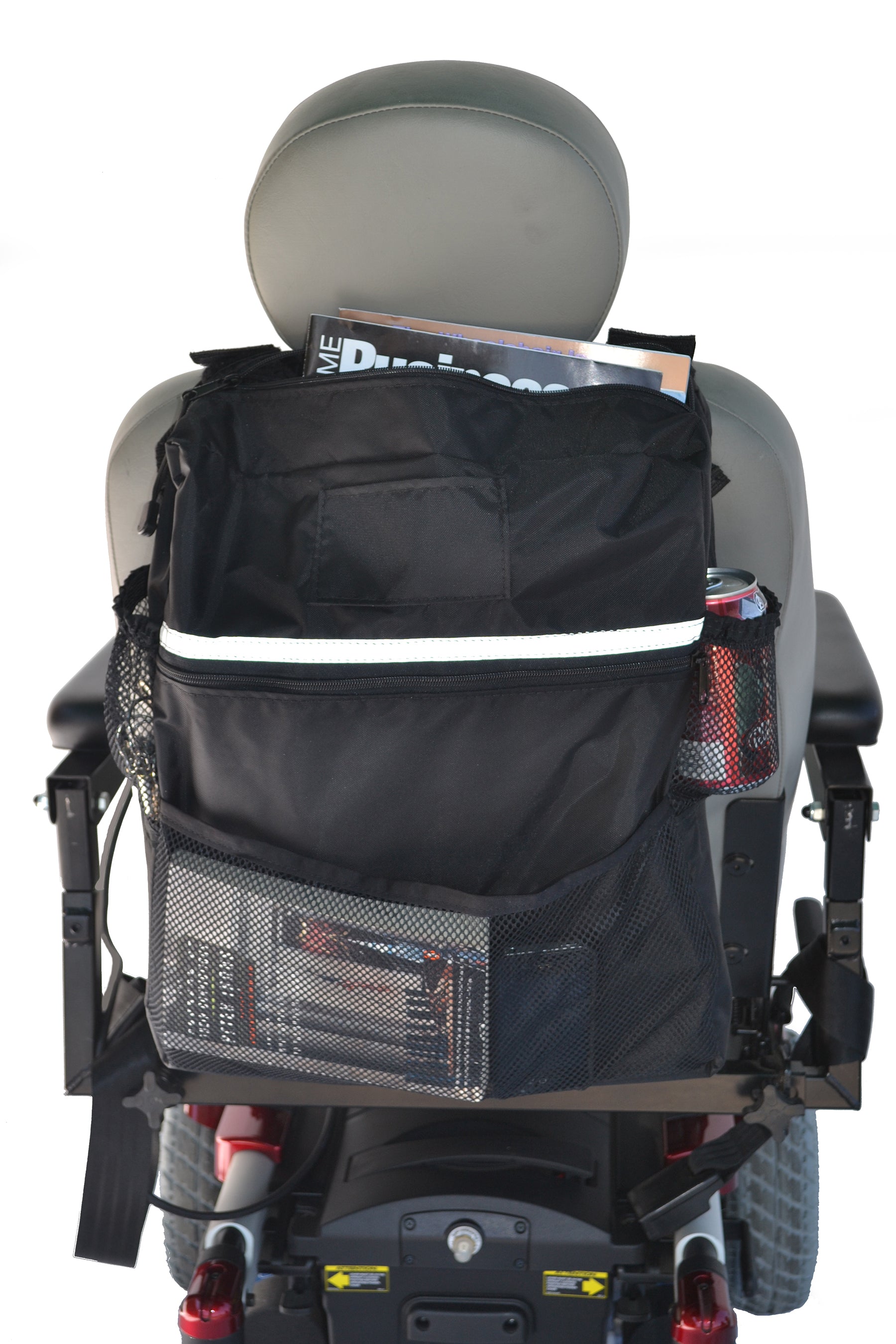 Seat Back Bag for Mobility Scooters, Power Chairs, & Wheelchairs mounted on a chair, featuring multiple compartments and a white reflective stripe for visibility.