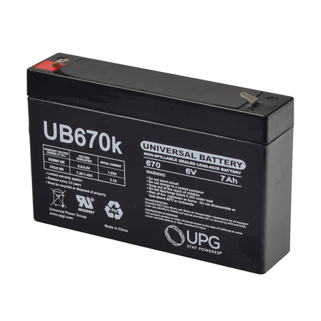 6 Volt 7 Ah Battery for Best Choice Products 6V Ride-On Toys, a black rectangular battery with white text, detailing Universal Power Group branding, designed for safety and maintenance-free use.