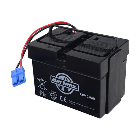 12 Volt 10 Ah Battery with 2-Wire Harness & 1 Blue Grid Connector for Kid Trax Ride-On Toys; black rectangle with red/black wires and blue connector, close-up.