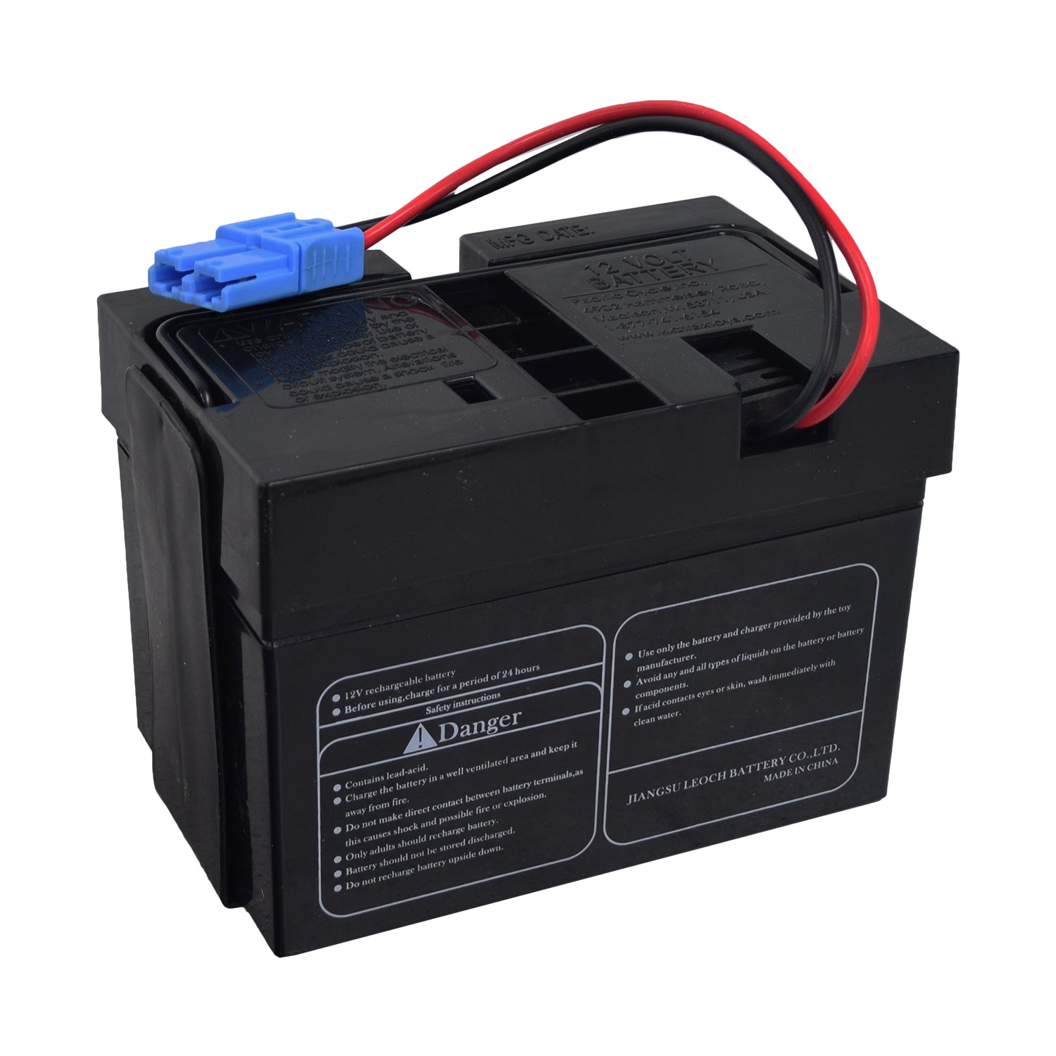 12 Volt 10 Ah Battery with 2-Wire Harness & 1 Blue Grid Connector for Kid Trax Ride-On Toys, showing a black rechargeable battery with a red and black wire and a close-up of the blue connector.