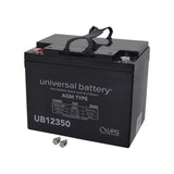 U1 (35 Ah) 12 Volt UB12350 AGM Mobility Scooter Battery with Screw Terminals, featuring a compact black design with an attached black strap and visible screw terminals.