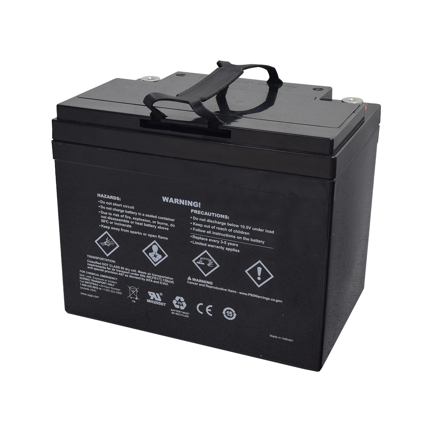 U1 (35 Ah) 12 Volt UB12350 AGM Mobility Scooter Battery with screw terminals, featuring a compact black design with a handle for easy carrying, suitable for various mobility devices.