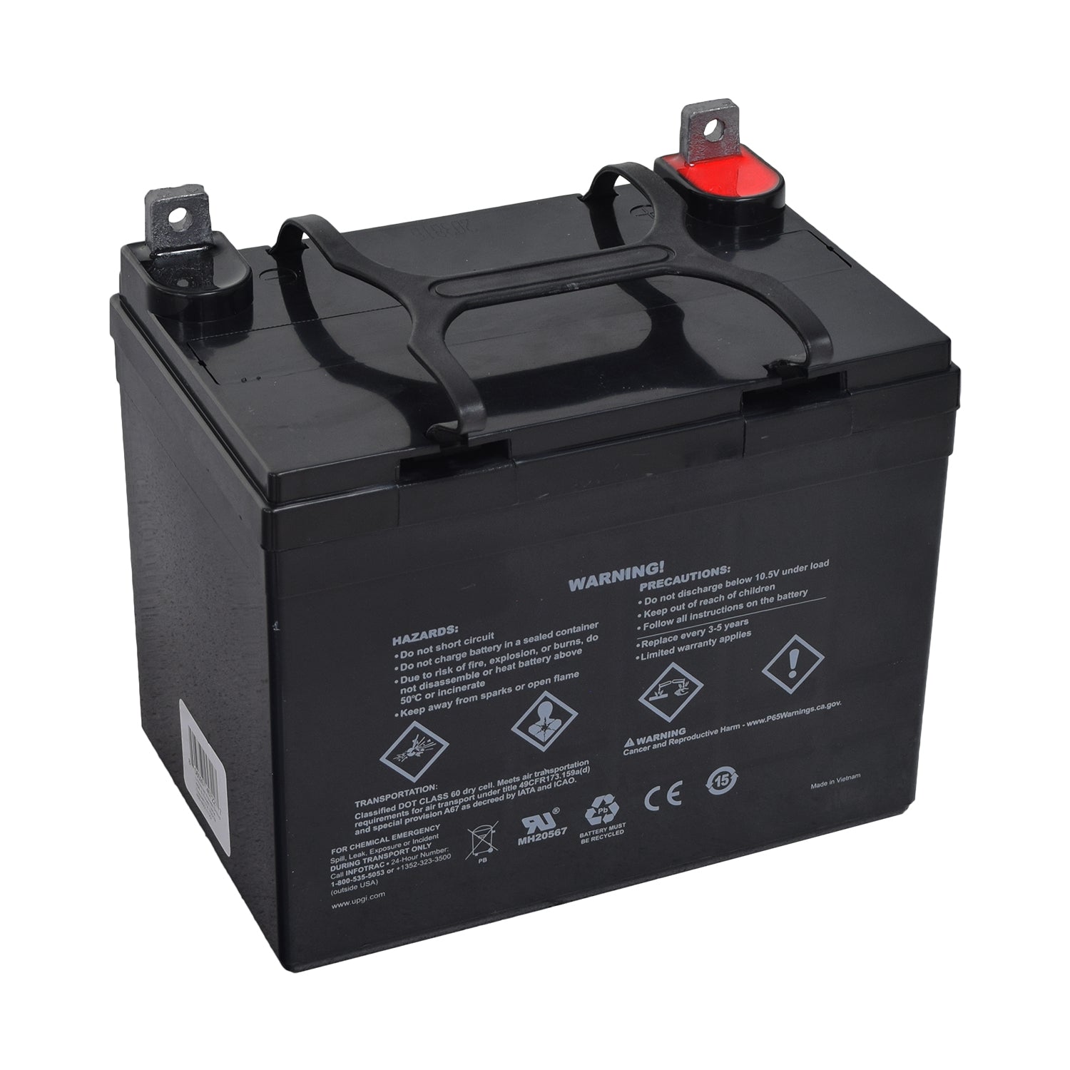 12 Volt 35 Ah UB12350 AGM Battery for Massimo Buck 450, MSU 500, & MSU 700 UTVs, featuring a black exterior with a black handle and L-shaped post terminals.