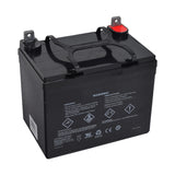 12 Volt 35 Ah UB12350 AGM Battery for Massimo Buck 450, MSU 500, & MSU 700 UTVs, featuring a black exterior with a black handle and L-shaped post terminals.