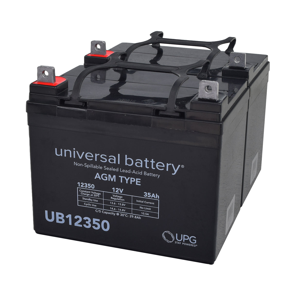 Golden Technologies Battery Pack - Set of 2 U1 (35 Ah) AGM Scooter Batteries, showing two black batteries with post terminals and black handles, designed for Golden Technologies mobility scooters.