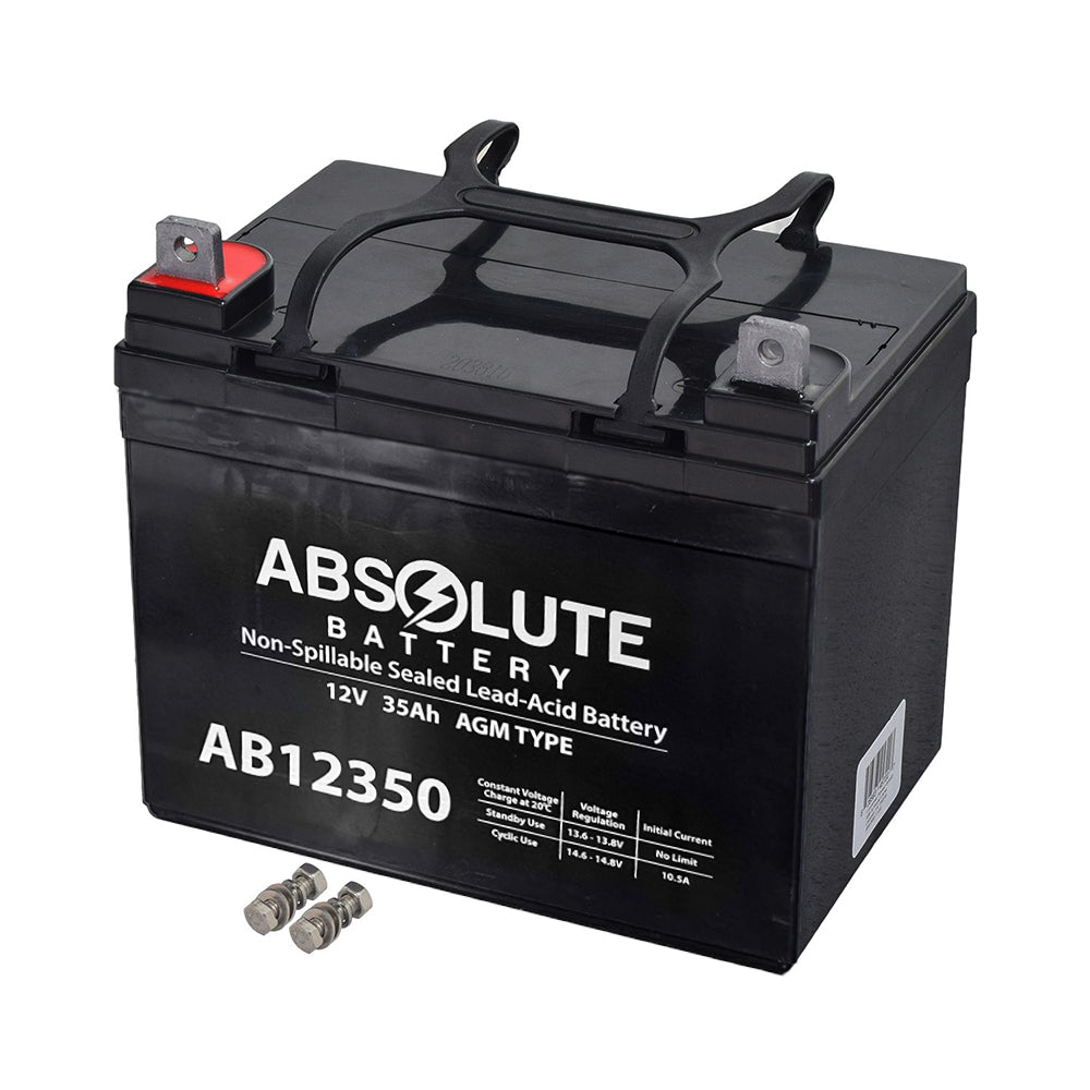 U1 (35 Ah) 12 Volt UB12350 AGM Mobility Scooter & Power Chair Battery with Post Terminals, featuring a black handle and white text, designed for maintenance-free, spill-proof use.