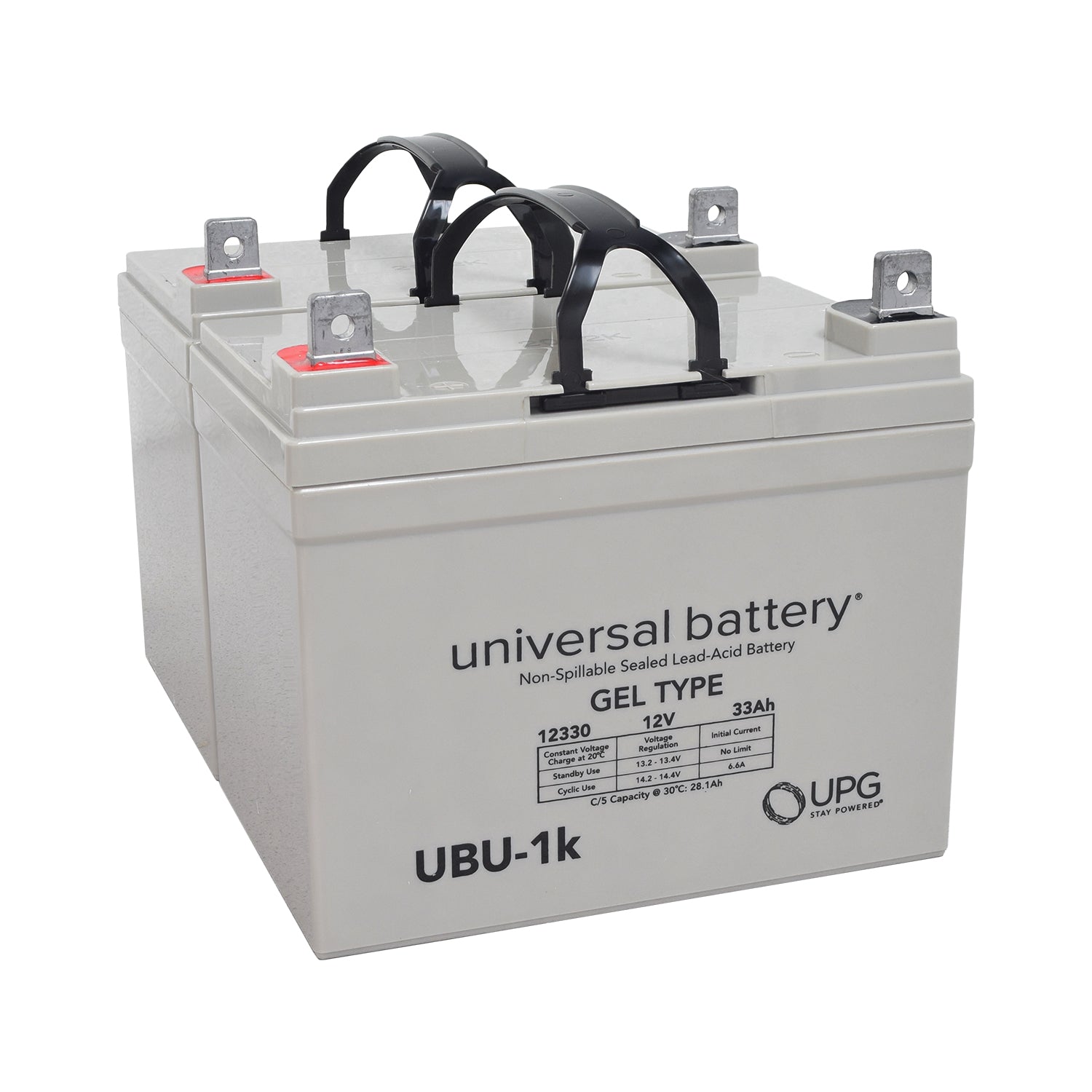 24 Volt U1 Battery Pack for the ActiveCare Catalina, white with black handles, showcasing visible labels and metal components.