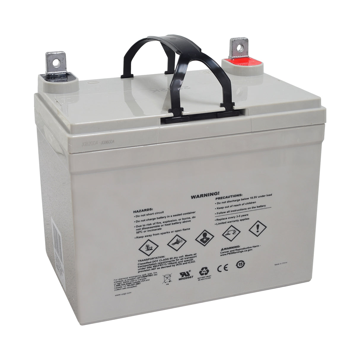 24 Volt U1 Battery Pack for Drive Medical Image, featuring a white battery with black handles, designed for power chairs, offering AGM or gel options with a one-year warranty.