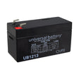 1.3 Ah 12 Volt UB1213 AGM Scooter Battery with a black casing and white text, featuring a close-up of the battery label and metal terminals.