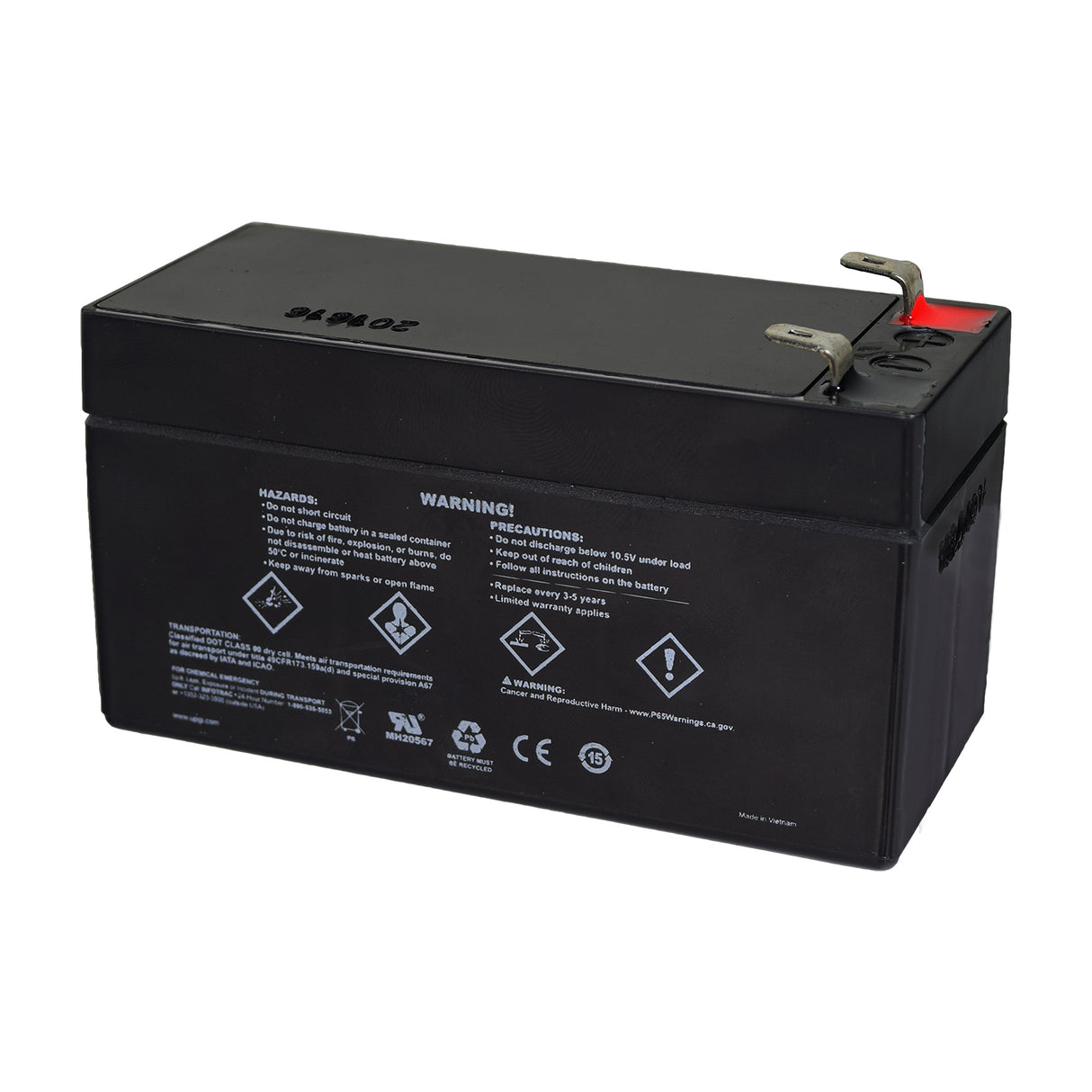 1.3 Ah 12 Volt UB1213 AGM Scooter Battery: A compact, black rectangular battery with white text, featuring multiple warning signs and symbols, ideal for various applications and offering maintenance-free AGM technology.