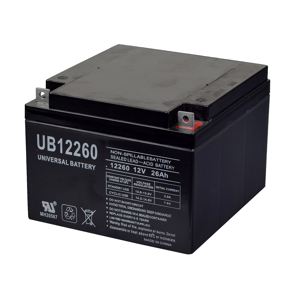 26 Ah 12 Volt UB12260 AGM Mobility Scooter Battery with T3 Post Terminals (Universal Battery), black with white text, includes a recycle symbol and close-up of the logo on the surface.