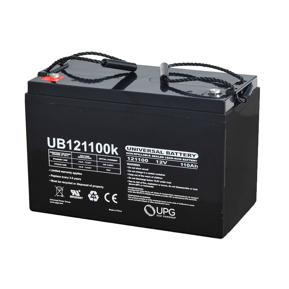 Group 30 (110 Ah) 12 Volt UB121100 Deep Cycle AGM Battery with black wires and screw terminals for boats, marine use, power chairs, scooters, and solar panel storage.