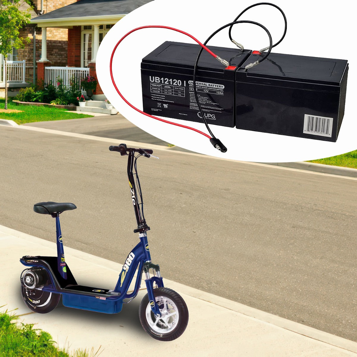 Mongoose, eZip, & IZIP e-Bike 24 Volt 12 Ah Plug & Play Battery Pack shown next to a blue scooter on a road, featuring red and black wires for easy connection.